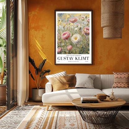 A vertical museum exhibition poster in the style of Gustav Klimt. Large pink and white roses with golden edges grow in a field. The background is filled with ornate gold leaf spirals and geometric patterns against a soft light-blue sky. Bold black text at the bottom reads "GUSTAV KLIMT" and "BOTANICAL EXCELLENCE."