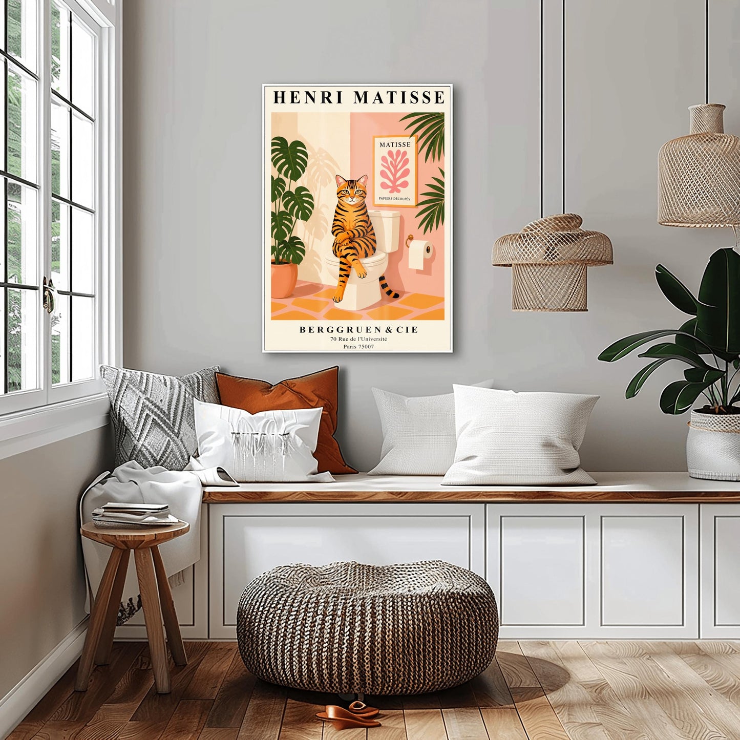 Tabby Cat on Toilet Art Print: Funny Matisse Style Bathroom Wall Art
