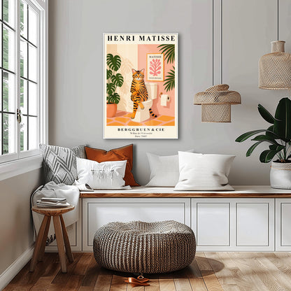 Tabby Cat on Toilet Art Print: Funny Matisse Style Bathroom Wall Art
