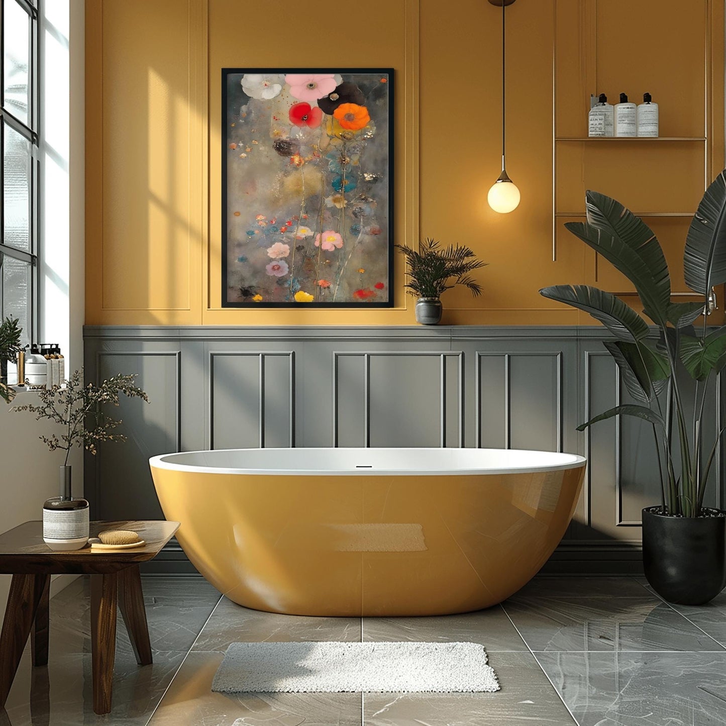 A vertical oil painting in the style of Gustav Klimt with an ethereal, muted twist. A cluster of large, soft-petaled poppies in coral, pink, and white rise from the bottom against a moody, textured grey and gold background. The painting features subtle splatters and impressionist brushwork, creating a dreamy, atmospheric garden scene.