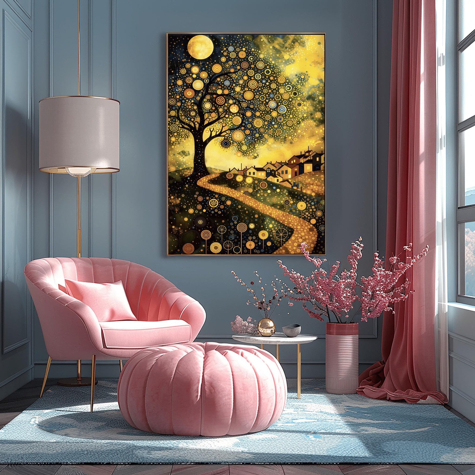 A vertical fine art painting in the style of Gustav Klimt. A large tree on the left is covered in golden concentric circles and spirals. A golden, mosaic-textured path winds through dark hills toward a village with lit windows under a full moon. The sky is dark blue with swirling golden stardust patterns. The foreground is decorated with stylized golden flowers.