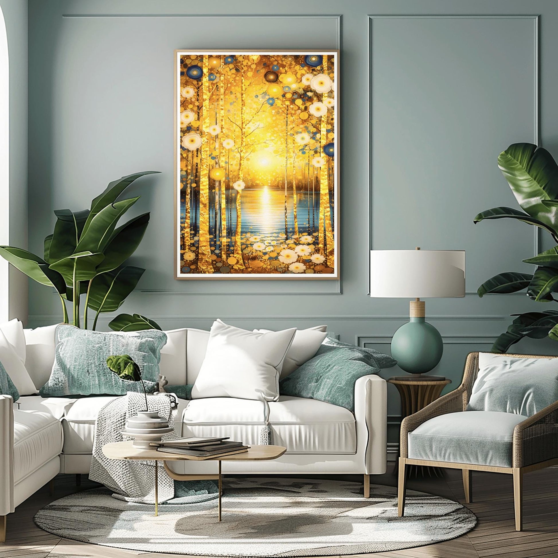 A vertical fine art landscape in the style of Gustav Klimt. Slender birch trees with textured gold leaf bark stand in the foreground. A brilliant sun sets over a calm blue lake in the background, creating a glowing reflection. The scene is decorated with stylized white daisies and blue circular floral motifs in an ornamental, symbolic style.