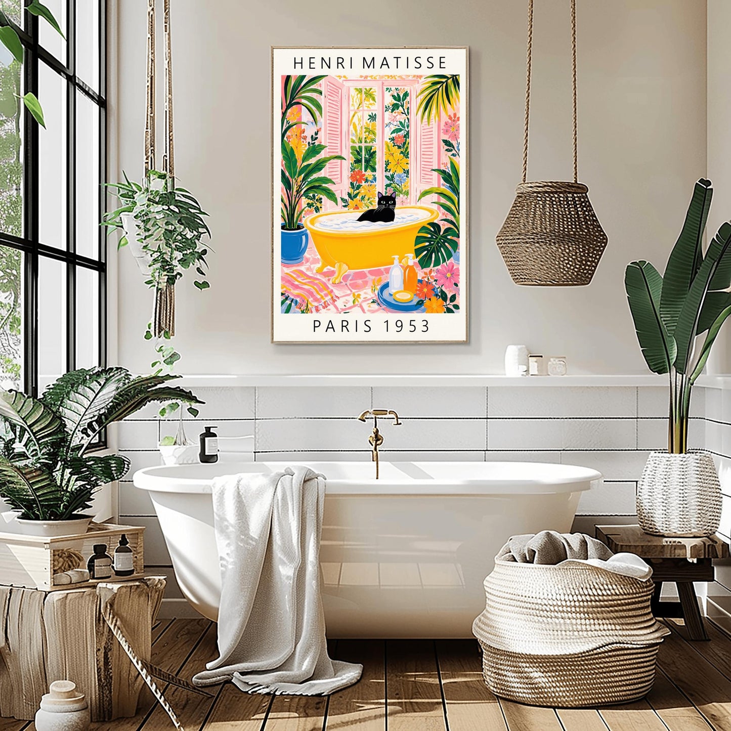 A vertical minimalist fine art exhibition poster in the style of Henri Matisse, featuring a wide white border layout. In the center, a solid black silhouette illustrates a cat in a crouching pose against a vibrant mustard yellow background block. The central composition is accented by flat paper-cut abstract shapes, including a royal blue coral leaf on the left and a terracotta red shape on the right against a solid white backdrop.
