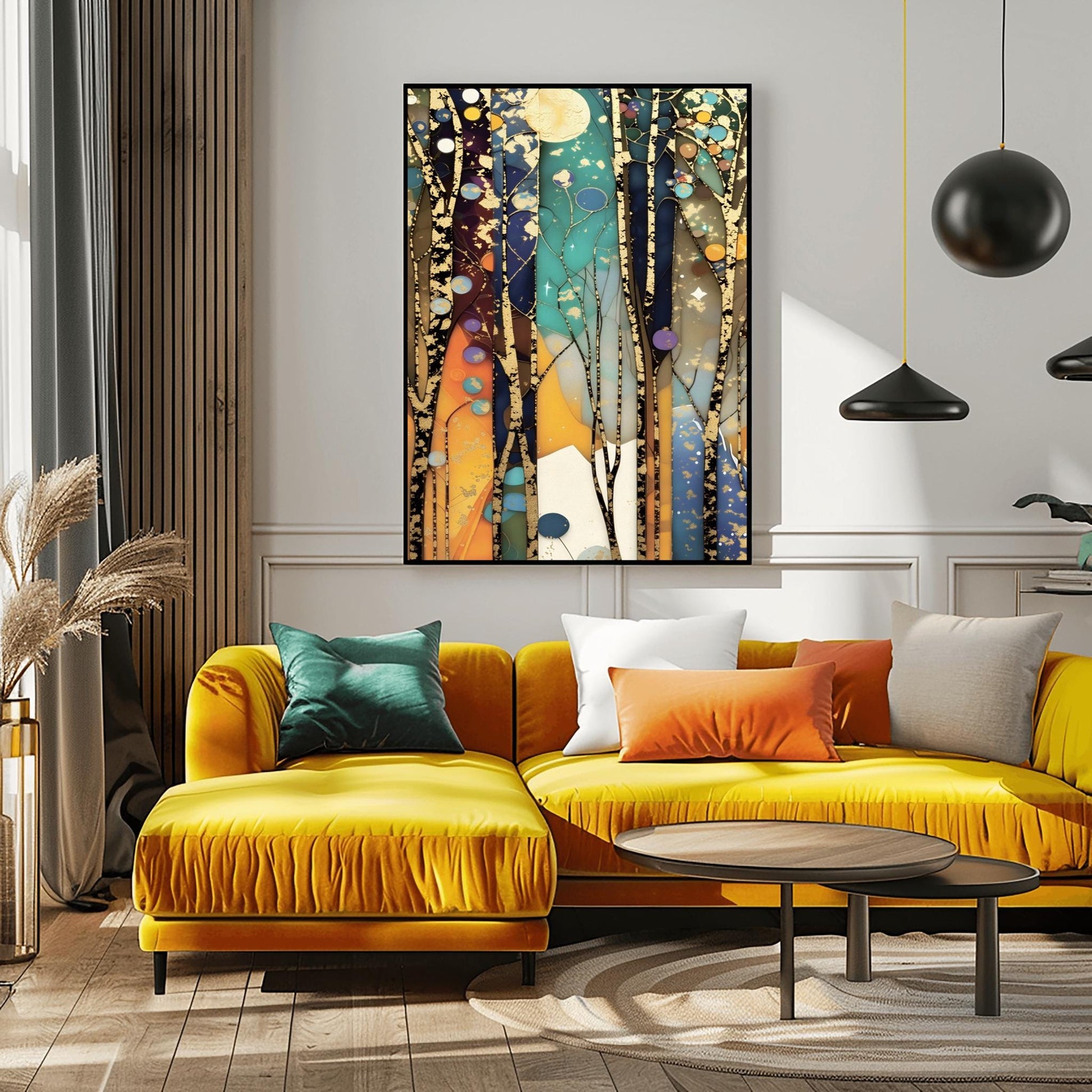 A vertical abstract painting in the style of Gustav Klimt. Tall, slender tree trunks with heavy gold-leaf textures and dark patterns rise vertically across the canvas. The background consists of vertical panels of teal, navy, and amber, resembling stained glass. Small golden orbs and stars are scattered throughout the composition, creating a glowing, celestial atmosphere.