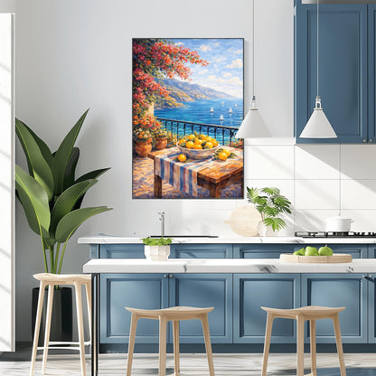 A vertical painterly illustration of a stone terrace with a black iron railing. A pink bougainvillea tree hangs from the top left over a wooden table with a bowl of oranges and lemons. Beyond the railing is a blue sea with white sailboats and a distant mountainous coastline.