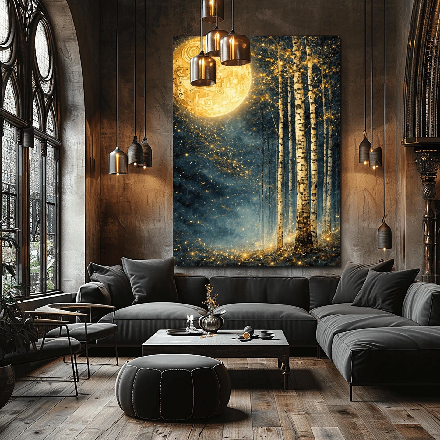 A vertical Art Nouveau illustration in the style of Gustav Klimt. A large, patterned golden moon sits in the upper left corner of a dark, misty teal forest. Slender birch trees stand on the right, while a swirl of golden stardust flows across the center.