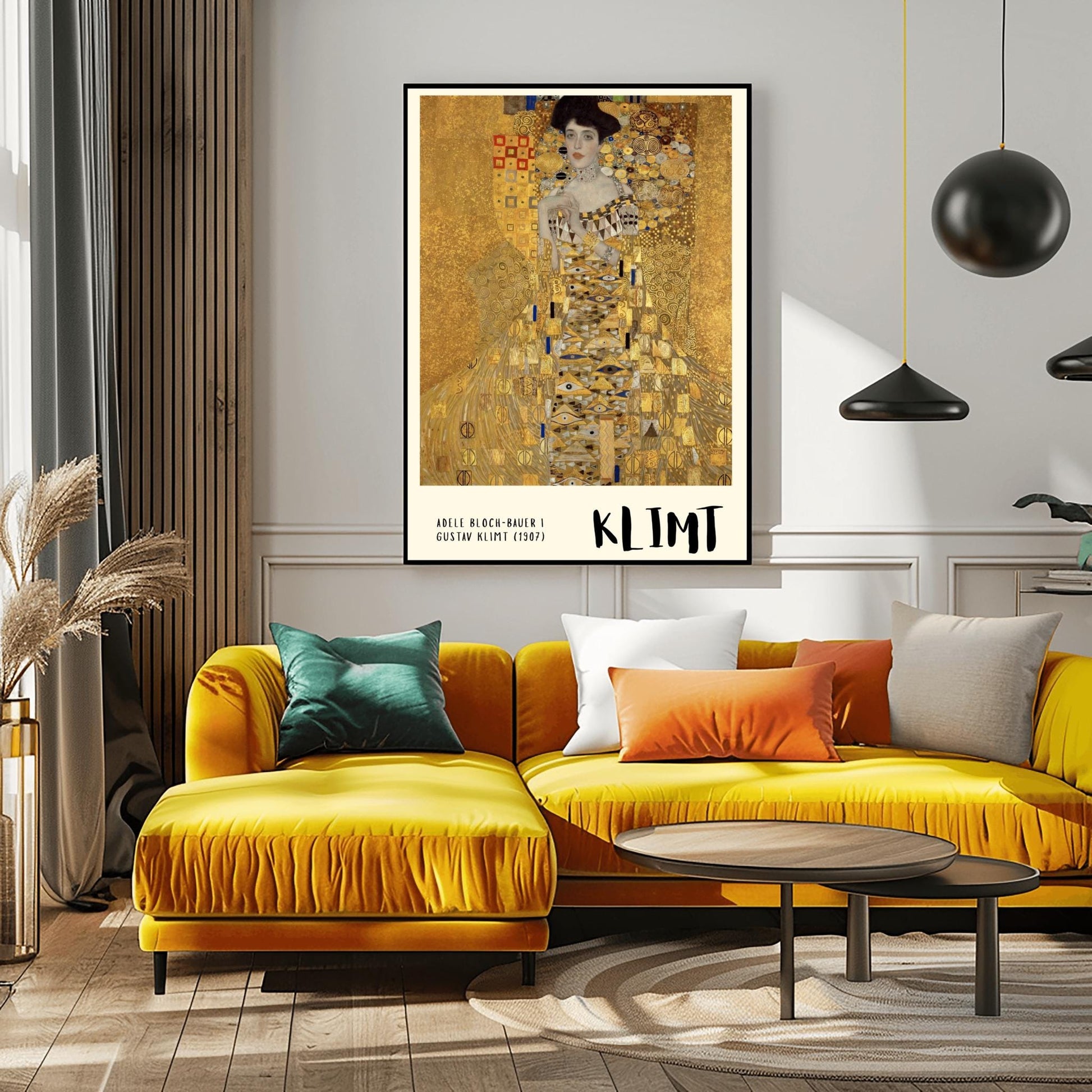 A vertical museum exhibition poster of Gustav Klimt's 1907 "Portrait of Adele Bloch-Bauer I." A woman is shown encased in a lavish gold dress with eye and triangle patterns against a shimmering gold mosaic background. The bottom border is cream with bold black text reading "ADELE BLOCH-BAUER I" and "KLIMT."