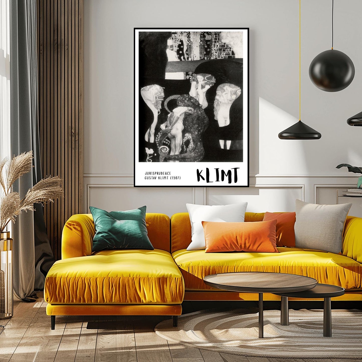 A vertical museum exhibition poster featuring a black and white version of Gustav Klimt's 1907 painting "Jurisprudence." A central male figure is surrounded by an ornate, tentacled creature and ethereal female figures. The bottom border is white with bold black text reading "JURISPRUDENCE" and "KLIMT."