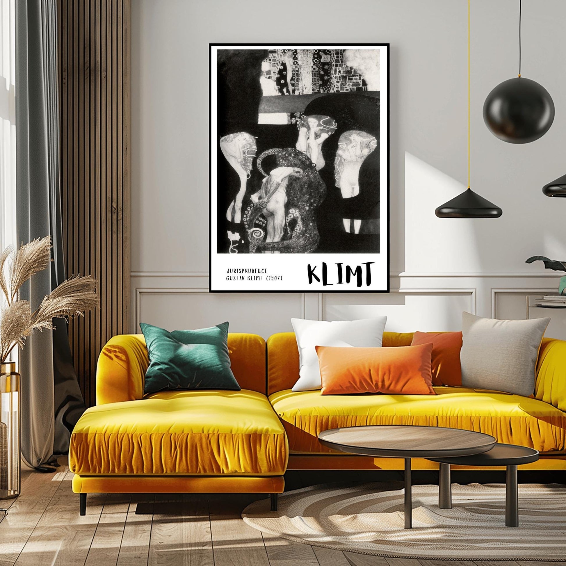 A vertical museum exhibition poster featuring a black and white version of Gustav Klimt's 1907 painting "Jurisprudence." A central male figure is surrounded by an ornate, tentacled creature and ethereal female figures. The bottom border is white with bold black text reading "JURISPRUDENCE" and "KLIMT."