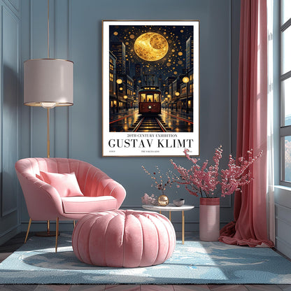 A vertical museum exhibition poster in the style of Gustav Klimt. A vintage-style red and brown streetcar sits on tracks in a Tokyo street at night, flanked by modern buildings. A massive golden moon with mosaic patterns fills the top of a dark sky crowded with golden spirals. Bold black text at the bottom reads "GUSTAV KLIMT" and "THE SAKURA KISS."