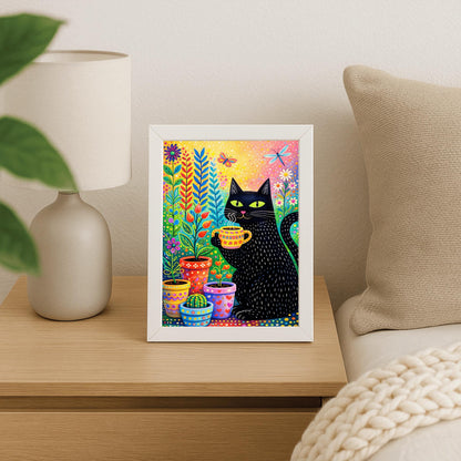 A vertical, colorful folk-art illustration of a black cat with green eyes holding a steaming yellow patterned mug. The cat has small white dashed lines for fur and is sitting next to several decorated flower pots containing a cactus and various colorful plants. A butterfly and a dragonfly fly in the upper portion of the image. The background is a bright, speckled gradient of yellow, pink, and orange.