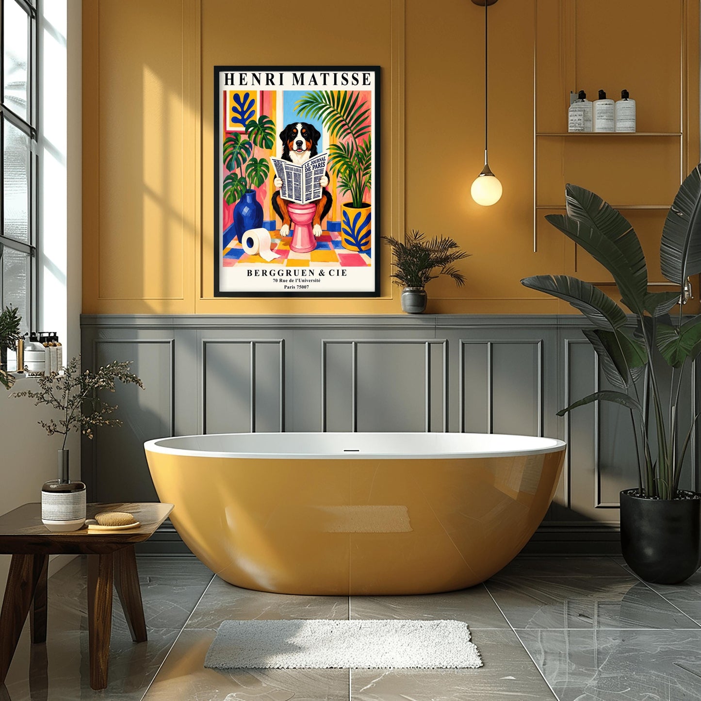 A vertical retro exhibition poster for Henri Matisse set on a wide cream border. The central image shows a colorful, painterly Fauvism illustration of a fluffy black, white, and tan Bernese Mountain Dog sitting on a pink toilet. The dog is looking forward with a slight smile while holding open a large newspaper titled "LE JOURNAL DE PARIS". The background is a bright, sunlit bathroom with pink and yellow walls, a checkered tile floor, a framed blue coral print