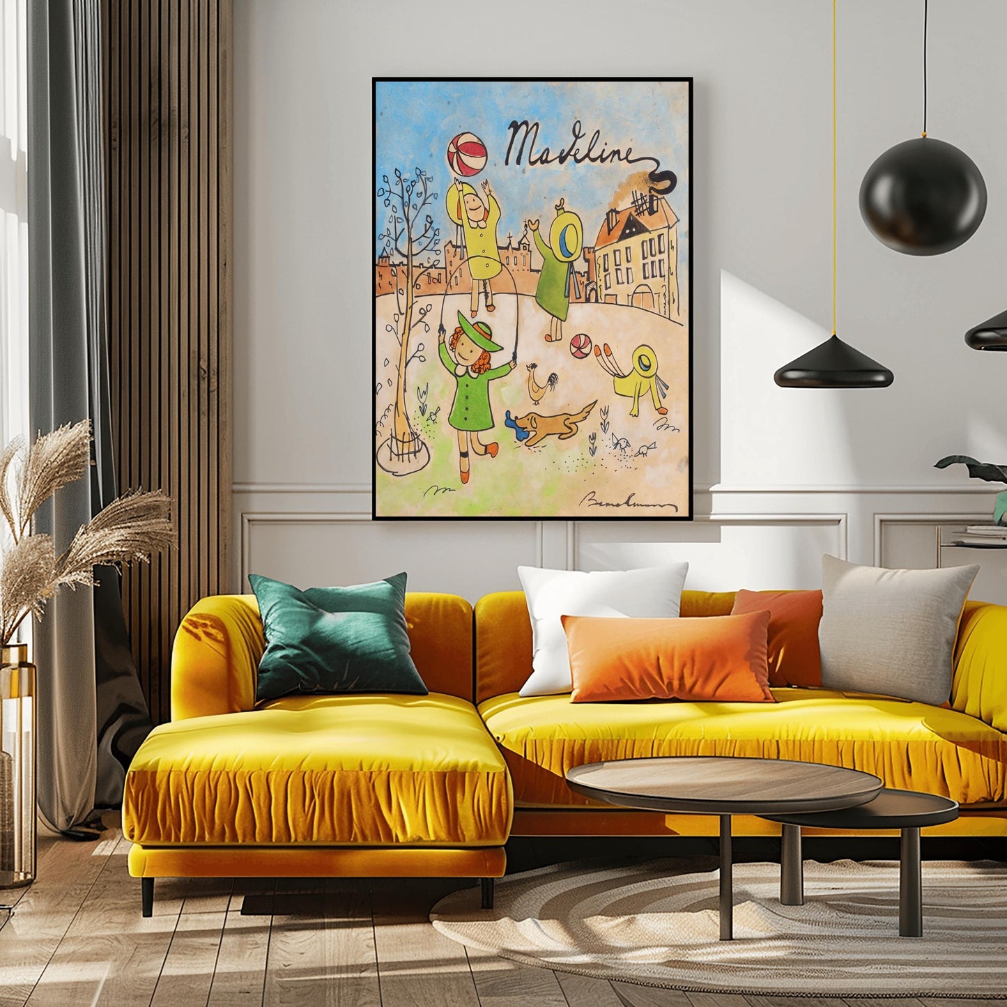 A vertical fine art exhibition poster featuring a vintage book cover style illustration of Madeline by Ludwig Bemelmans, set against a wide white gallery border. On a warm, aged parchment background with a blue sky, children in yellow hats are shown jumping rope, throwing a ball, and doing a handstand alongside a small dog. The name "Madeline" is written in elegant black script at the top.