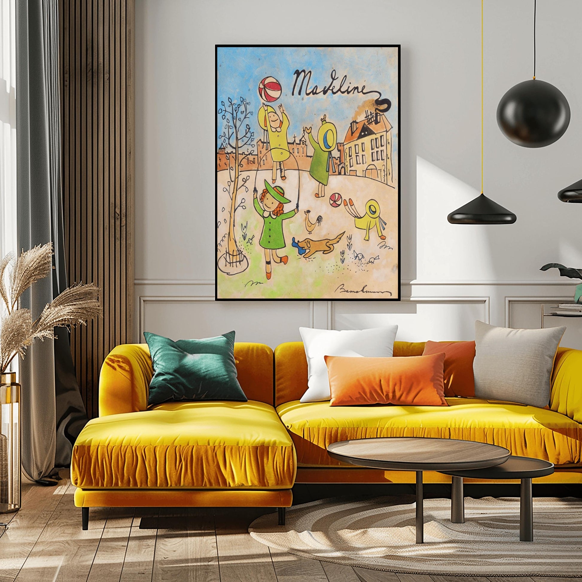 A vertical fine art exhibition poster featuring a vintage book cover style illustration of Madeline by Ludwig Bemelmans, set against a wide white gallery border. On a warm, aged parchment background with a blue sky, children in yellow hats are shown jumping rope, throwing a ball, and doing a handstand alongside a small dog. The name "Madeline" is written in elegant black script at the top.