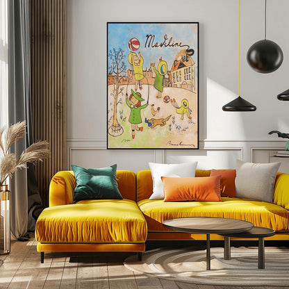 A vertical fine art exhibition poster featuring a vintage book cover style illustration of Madeline by Ludwig Bemelmans, set against a wide white gallery border. On a warm, aged parchment background with a blue sky, children in yellow hats are shown jumping rope, throwing a ball, and doing a handstand alongside a small dog. The name "Madeline" is written in elegant black script at the top.
