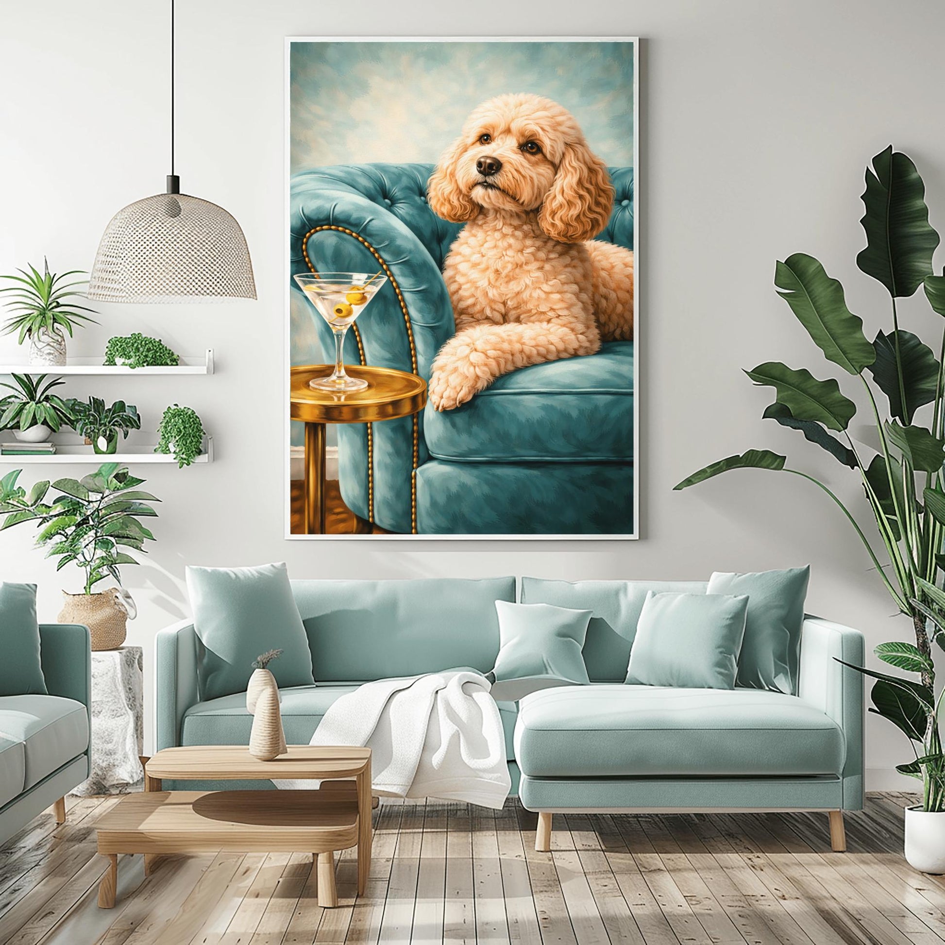 A vertical oil-style painting of a fluffy, tan-colored cockapoo with big brown eyes sitting on a plush, light teal velvet tufted sofa. To the left, a martini glass with two olives sits on a round, polished gold side table. The background is a soft, textured sky blue, and the overall lighting is bright and elegant.