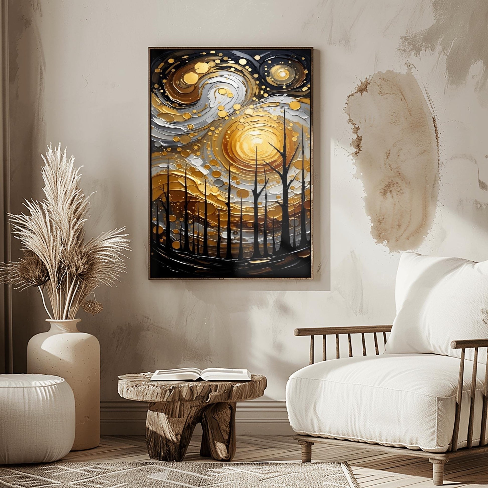 A vertical abstract painting in the style of Gustav Klimt. A group of black, silhouetted tree trunks stand in the foreground against a massive, swirling sun composed of concentric rings of gold, silver, and cream. The background is a dark, moody grey. The style features heavy, thick paint textures and metallic-looking circular accents scattered throughout.