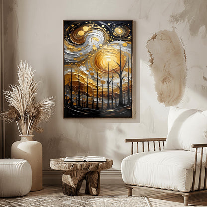 A vertical abstract painting in the style of Gustav Klimt. A group of black, silhouetted tree trunks stand in the foreground against a massive, swirling sun composed of concentric rings of gold, silver, and cream. The background is a dark, moody grey. The style features heavy, thick paint textures and metallic-looking circular accents scattered throughout.