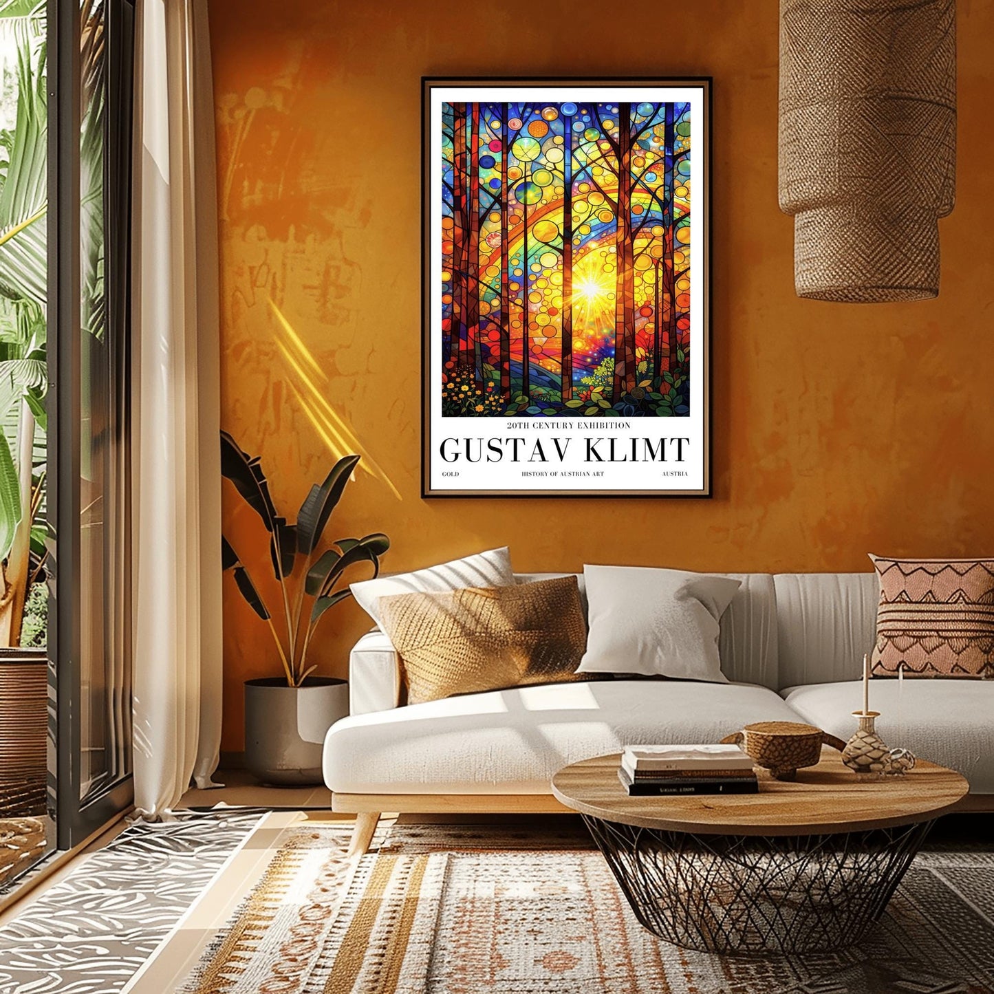A vertical museum exhibition poster in the style of Gustav Klimt. A bright sun radiates light through a forest where the leaves are represented by colorful circles resembling stained glass. The foreground features detailed flowers and leaves. Bold black text at the bottom reads "GUSTAV KLIMT" and "HISTORY OF AUSTRIAN ART."