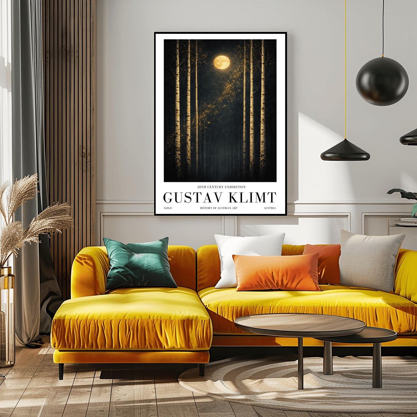 A vertical museum exhibition poster featuring six slender birch trees against a dark sky. A golden moon and a diagonal trail of stardust are centered at the top. Below the art, the text reads "20th Century Exhibition," "GUSTAV KLIMT," and "History of Austrian Art" in black serif font.