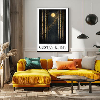 A vertical museum exhibition poster featuring six slender birch trees against a dark sky. A golden moon and a diagonal trail of stardust are centered at the top. Below the art, the text reads "20th Century Exhibition," "GUSTAV KLIMT," and "History of Austrian Art" in black serif font.