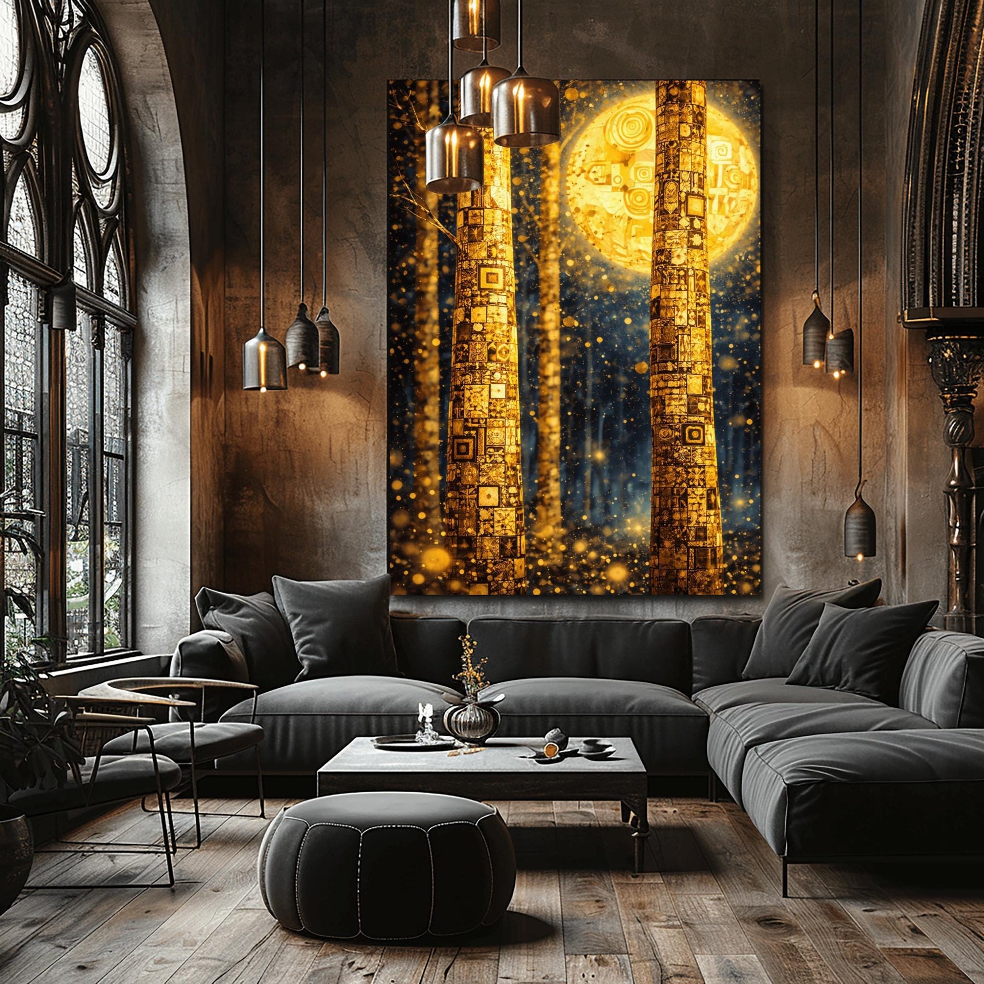 A vertical art print in the style of Gustav Klimt. Two tall tree trunks in the foreground are covered in a dense, golden mosaic of squares, circles, and intricate geometric patterns. In the background, a large, glowing golden moon with swirling patterns hangs in a dark blue forest. The entire scene is filled with shimmering golden light particles and soft bokeh orbs, creating a luminous and magical atmosphere.