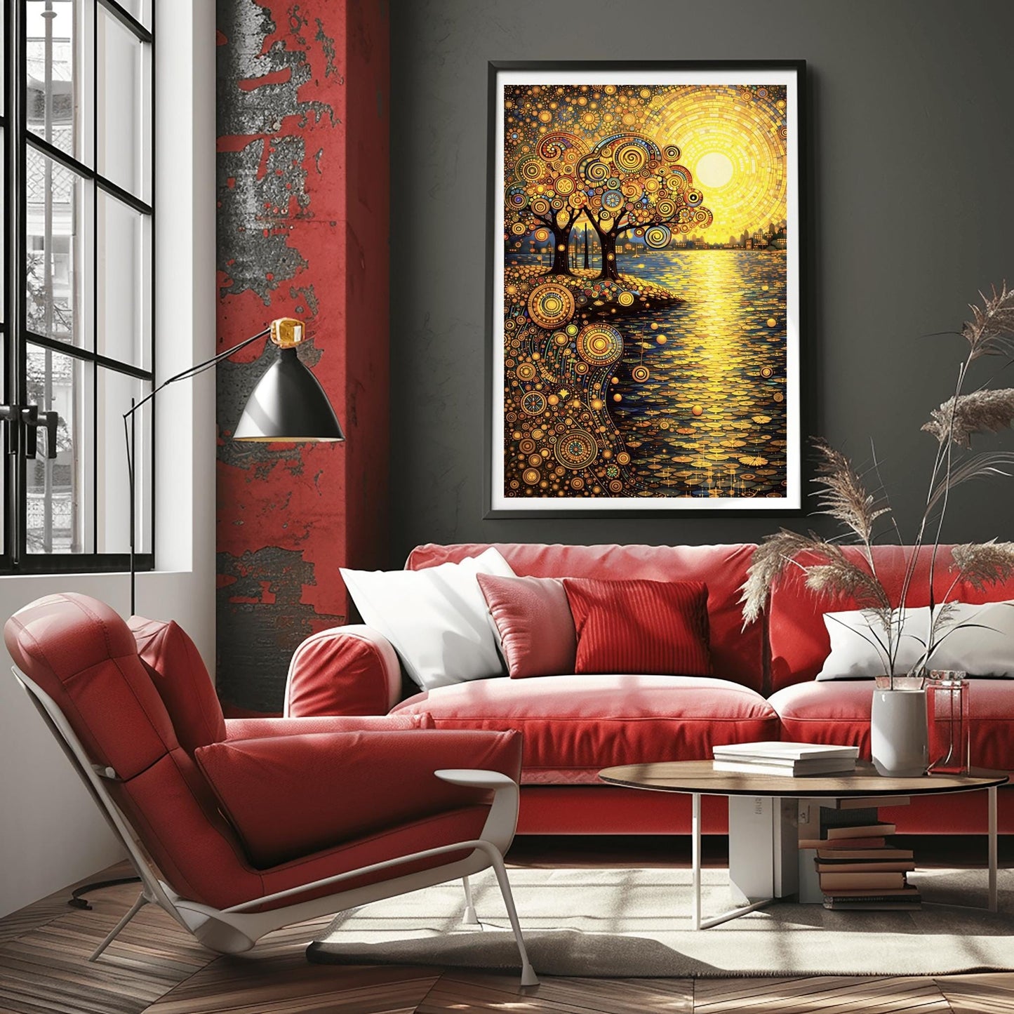 A vertical museum exhibition poster in the style of Gustav Klimt. A large, radiant yellow mosaic sun rises over a lake. On the left shore, two trees with ornate spiral-patterned leaves stand. The ground and sky are filled with dense golden mosaic circles and patterns. Bold black text at the bottom reads "GUSTAV KLIMT" and "AUSTRIA."