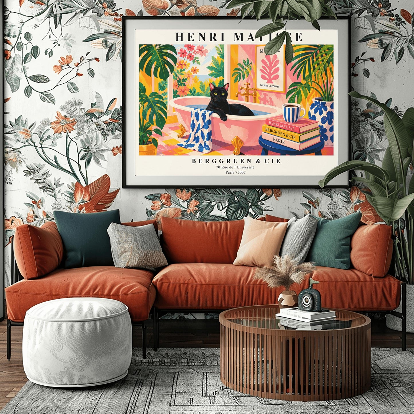 A horizontal art print designed as a Henri Matisse exhibition poster. A sleek black cat sits inside a pink clawfoot bathtub filled with water. The bathroom is vibrant with pink patterned walls, pink and yellow checkered tiles, and numerous large green Monstera plants. Outside the window is a bright garden with pink and orange flowers. A stack of art books and a striped mug sit on a blue stool in the foreground. The poster features bold black text at the top and bottom for "Henri Matisse"