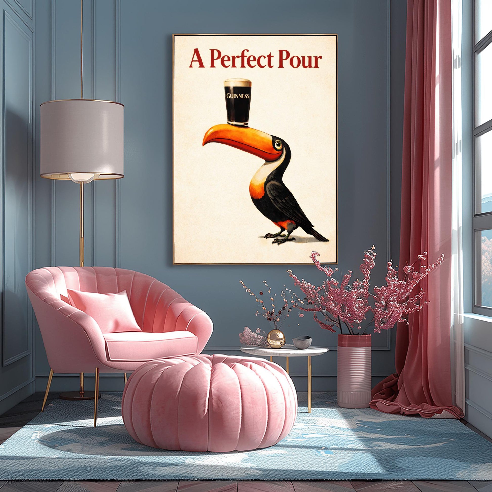 A vertical minimalist vintage-style poster. A colorful toucan with a bright orange beak balances a single pint of dark Guinness beer on its bill. The background is a clean, textured cream color. Bold red text at the top reads "A Perfect Pour."