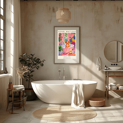 A vertical maximalist art print styled as a Henri Matisse exhibition poster. A brown Dachshund dog sits in a pink bathtub while water pours from a silver faucet. The room features vibrant pink walls and floors, decorated with very large pink, blue, and yellow flowers. A blue and white floral pot sits in the foreground along with a small stool holding soap and bottles. An open window in the background shows a blue sea and green leaves.