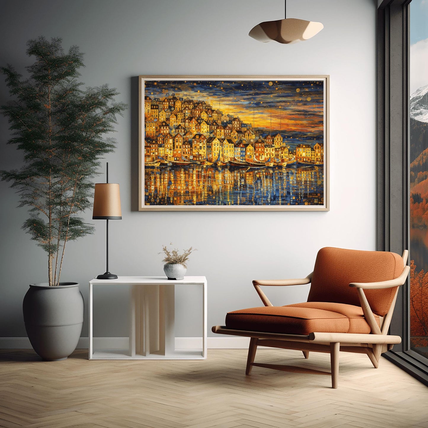 A horizontal landscape art print in the style of Gustav Klimt, depicting a coastal village at dusk. A dense cluster of golden, mosaic-patterned houses sits on a hill overlooking a harbor. Several traditional wooden sailboats are anchored in the water, which reflects the warm gold light of the buildings. The sky above is a dark indigo filled with golden swirling patterns and stylized stars. The overall composition is rich with gold leaf textures and intricate decorative details.
