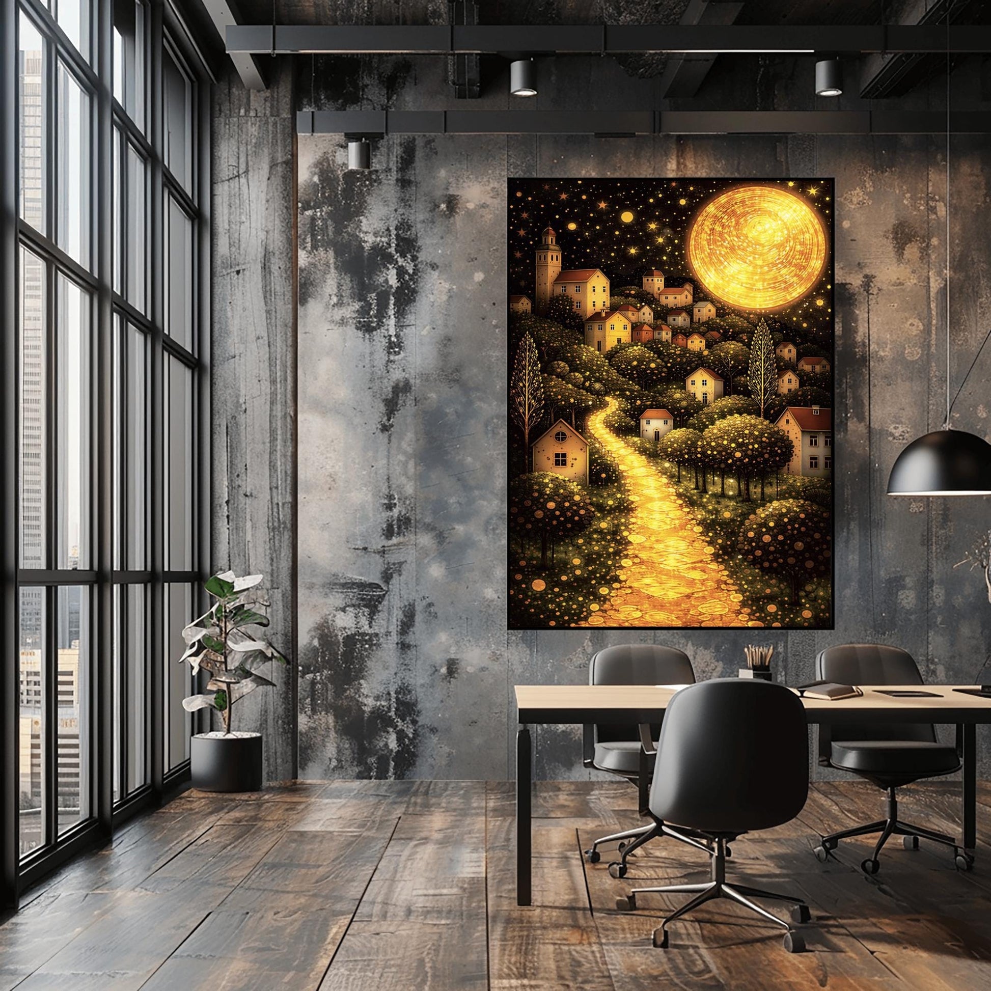 A vertical fine art landscape in the style of Gustav Klimt. A huge, textured golden moon shines in a starry night sky. A glowing golden path winds up a hillside past trees filled with shimmering golden dots toward a village of small houses with lit windows.