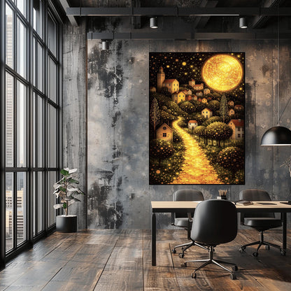 A vertical fine art landscape in the style of Gustav Klimt. A huge, textured golden moon shines in a starry night sky. A glowing golden path winds up a hillside past trees filled with shimmering golden dots toward a village of small houses with lit windows.