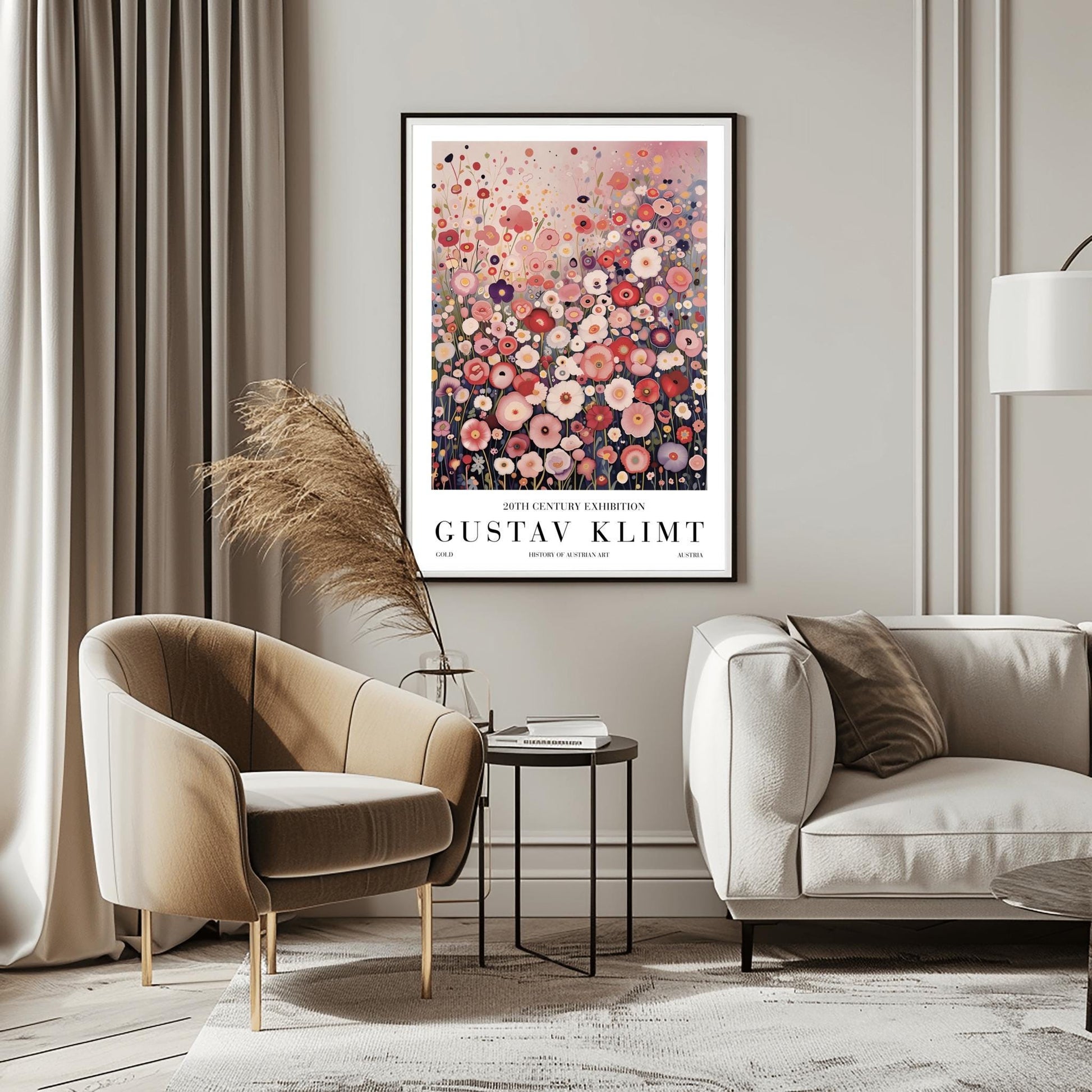 A vertical fine art painting in the style of Gustav Klimt. A dense field of stylized, circular wildflowers in shades of pink, rose, peach, and white fills the bottom two-thirds of the canvas. The background is a misty, textured gradient of soft pink and grey. The style is highly decorative with mosaic-like floral patterns and subtle golden highlights.
