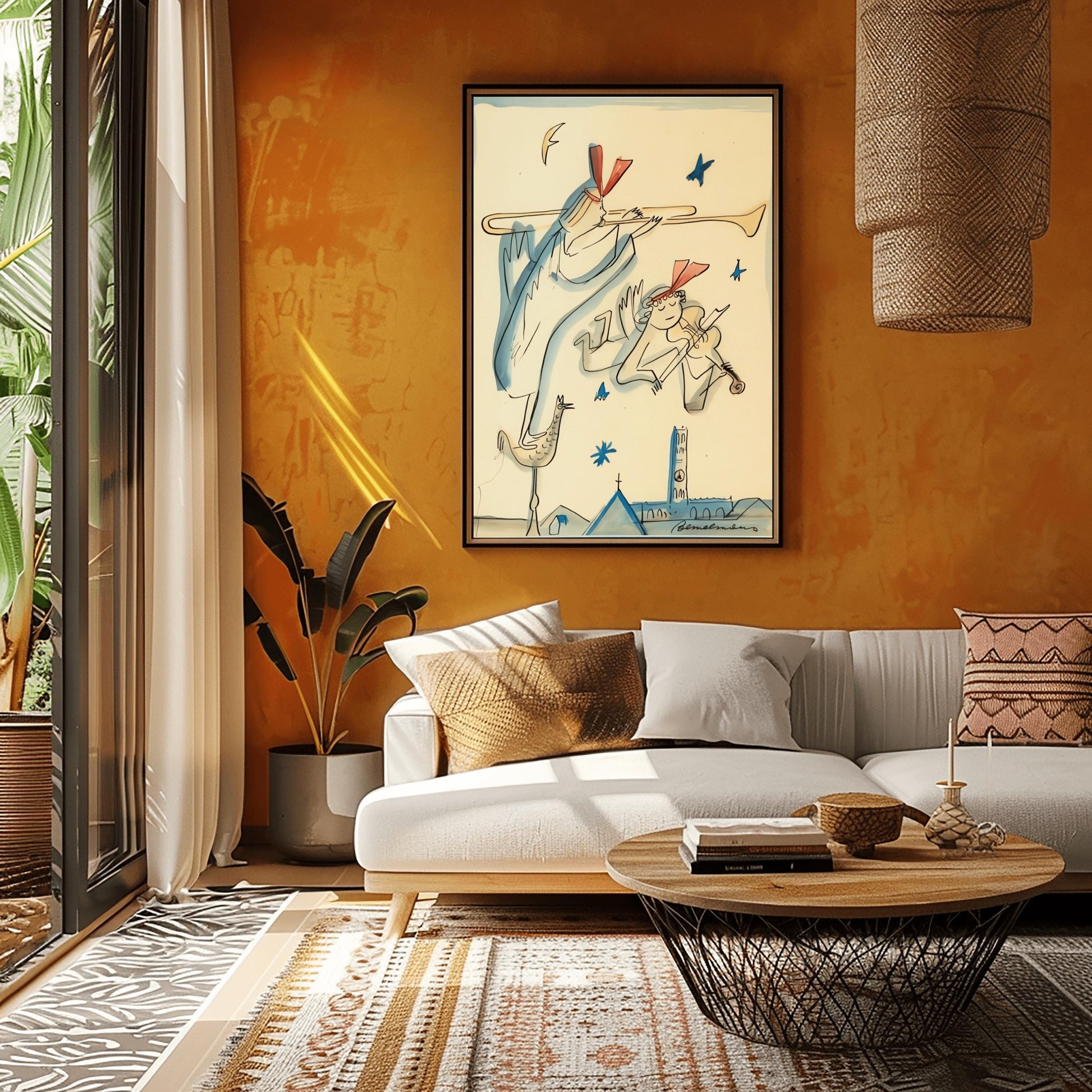 A vertical minimalist children's fine art exhibition print inspired by Ludwig Bemelmans, featuring a wide white border layout. In the center, a group of whimsical winged angels wearing dark jackets and white collars are illustrated playing horns and marching across a warm mustard yellow floor against a solid white background. The print features loose black ink line weights and a faint green botanical outline in the background.
