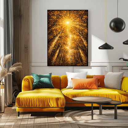 A vertical full-bleed illustration looking up from the forest floor toward a bright, geometric sun. Towering trees with golden mosaic bark frame a canopy of shimmering leaves. A large sunburst made of concentric golden dots and rays sits at the center against an amber sky.