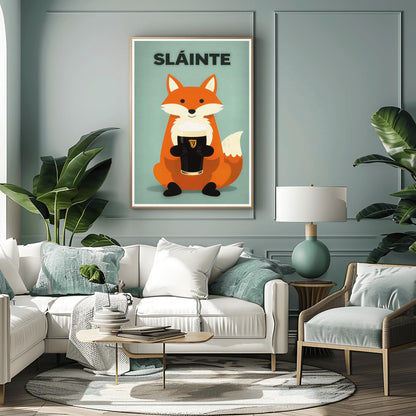 A vertical modern illustration of a cute orange fox sitting and holding a pint of Guinness with both paws. The word "SLÁINTE" is written in bold gray letters at the top. The background is a soft, textured mint green.