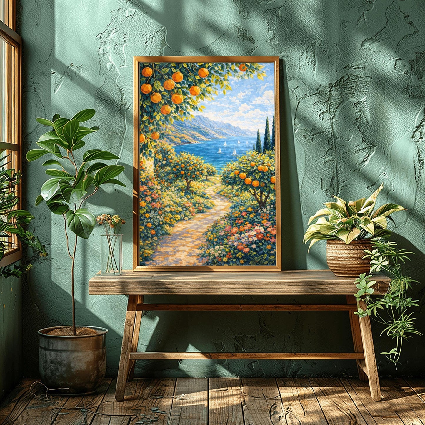 A vertical painterly illustration of a sun-dappled stone path winding through a garden of orange trees and colorful wildflowers. The path leads toward a blue sea with sailboats and distant mountains under a blue sky.