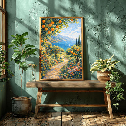 A vertical painterly illustration of a sun-dappled stone path winding through a garden of orange trees and colorful wildflowers. The path leads toward a blue sea with sailboats and distant mountains under a blue sky.