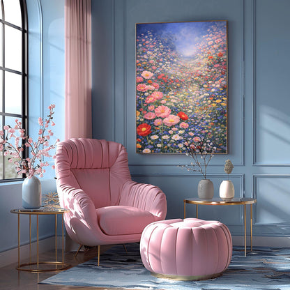 A vertical fine art landscape in the style of Gustav Klimt. A vast valley is filled with a dense sea of pink, red, blue, and white wildflowers. Large pink poppies are in the foreground, and the field stretches back to a hazy, sun-drenched horizon under a soft blue sky.