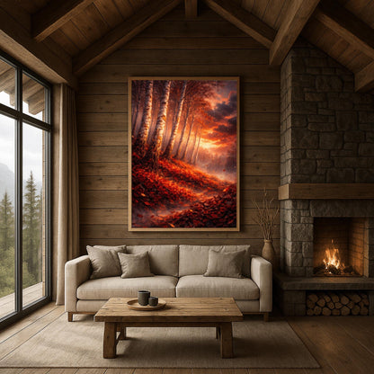 A vertical Art Nouveau illustration of a birch forest in autumn. Towering birch trees lean diagonally over a forest floor covered in a thick carpet of red and rust-colored leaves. A bright sun glows on the horizon through a dark, cloudy sky, scattering golden light and leaves through the air.