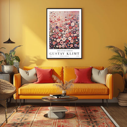 A vertical fine art painting in the style of Gustav Klimt. A dense field of stylized, circular wildflowers in shades of pink, rose, peach, and white fills the bottom two-thirds of the canvas. The background is a misty, textured gradient of soft pink and grey. The style is highly decorative with mosaic-like floral patterns and subtle golden highlights.