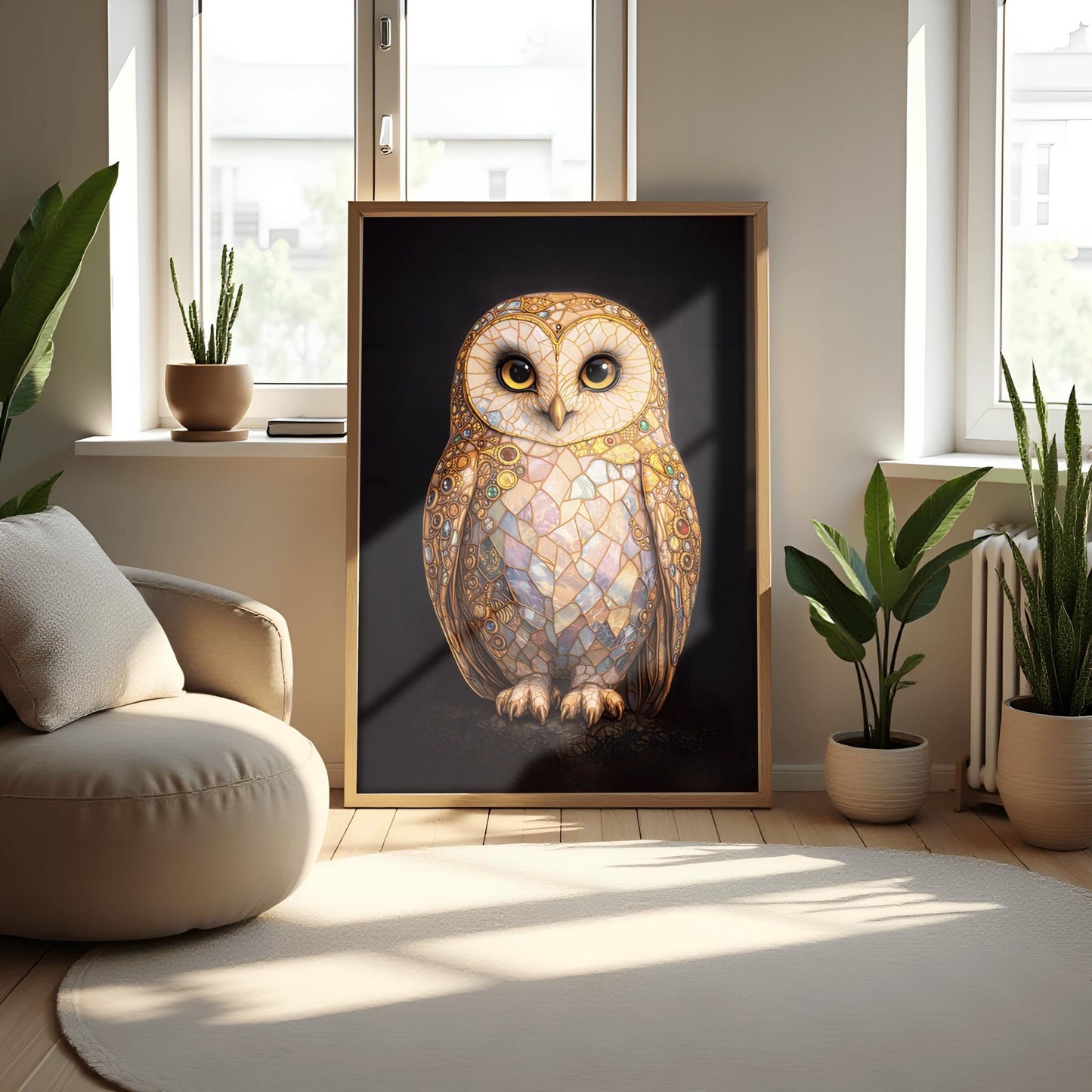 A vertical full-bleed illustration of a barn owl in the style of Gustav Klimt. The owl's body is a complex mosaic of gold, cream, and iridescent pastel tiles with small colorful gemstones embedded in the wings. It has large dark eyes and stands against a solid black background.
