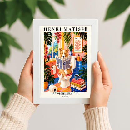 A vertical retro French exhibition poster styled after Henri Matisse with a wide ivory border. The central image shows a vibrant, colorful bathroom illustration. A fluffy ginger-and-white border collie dog sits on a white toilet, holding and reading a newspaper titled "LE JOURNAL". The bathroom features cobalt blue floor and wall tiles, bright pink walls, and large green monstera plants.