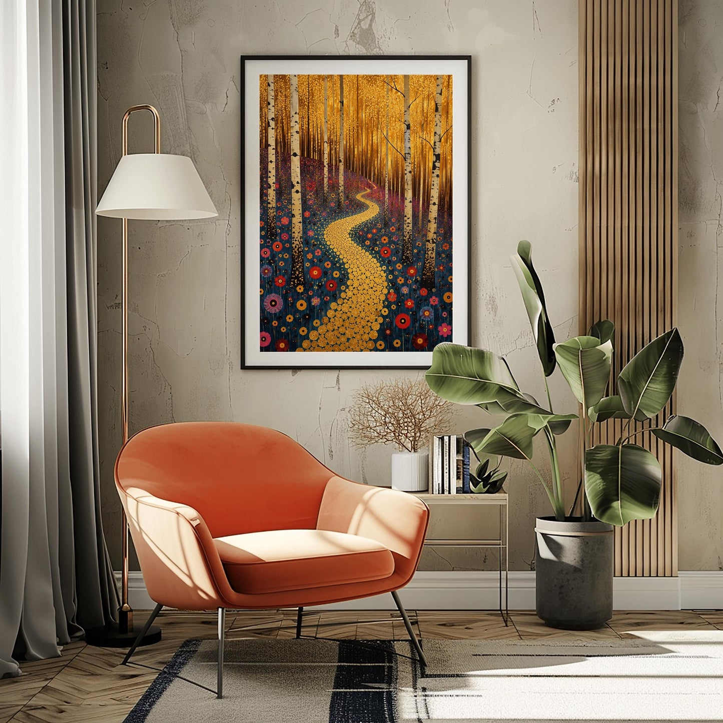 A vertical canvas landscape painting in the style of Gustav Klimt. A winding path made of small, glittering gold circular mosaic tiles snakes from the foreground up a forest hill. Slender white and black birch tree trunks stand vertically across the landscape. The hillside ground is dark navy blue and covered in round, target-shaped flowers in shades of red, orange, and pink. The top third of the painting is a dense, shimmering canopy of tiny golden-yellow autumn leaves.