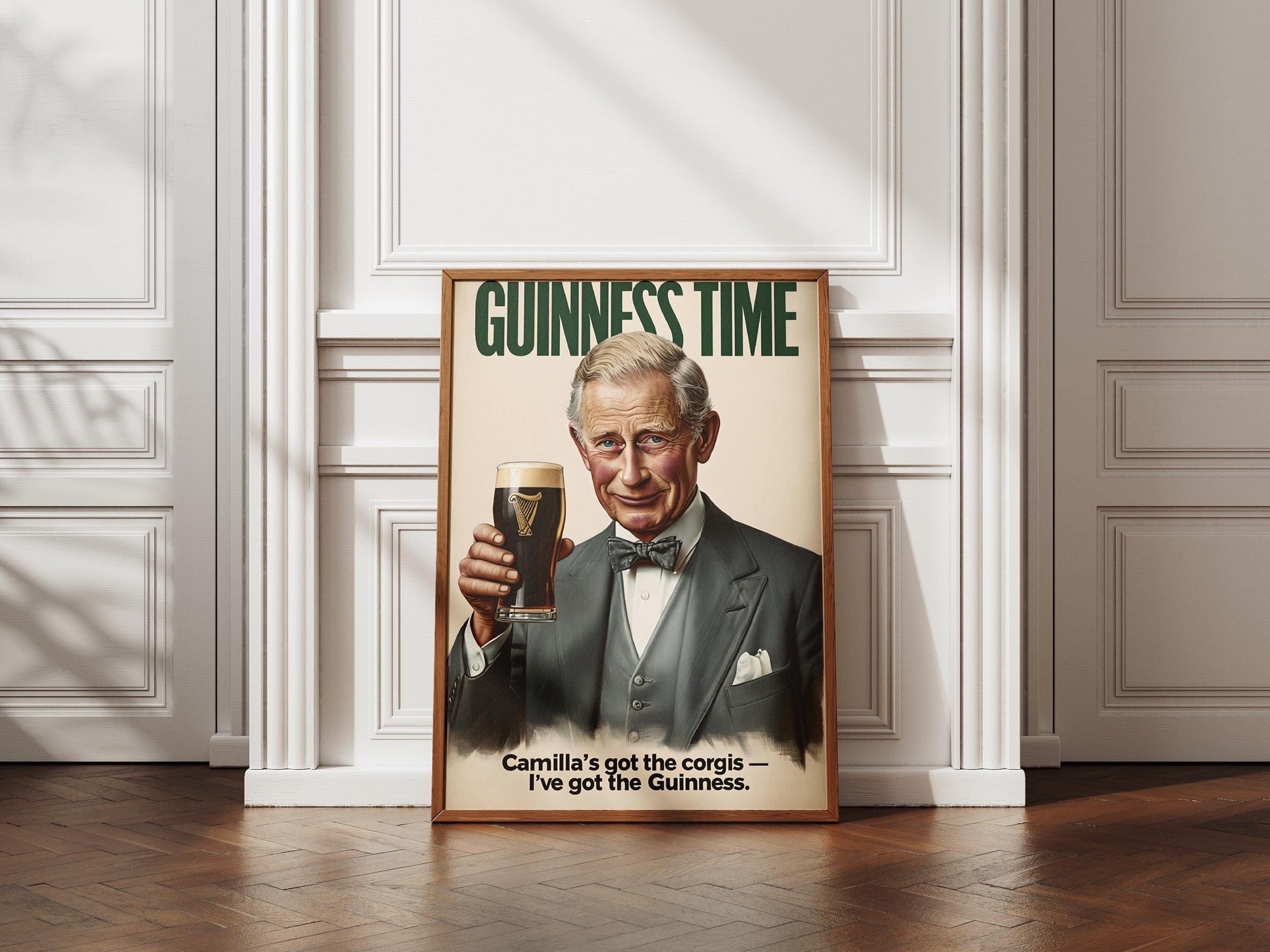 A humorous art print featuring King Charles III holding a classic pint of Guinness. The illustration shows him smiling with the iconic dark stout and creamy head. The text 'GUINNESS TIME' appears at the top, and 'Camilla's got the corgis — I've got the Guinness.' at the bottom, adding a witty royal touch. This unique print is ideal for pub or bar decor, a man cave, or as a quirky gift for fans of the British Royal Family and Guinness beer, blending humor with an iconic beverage