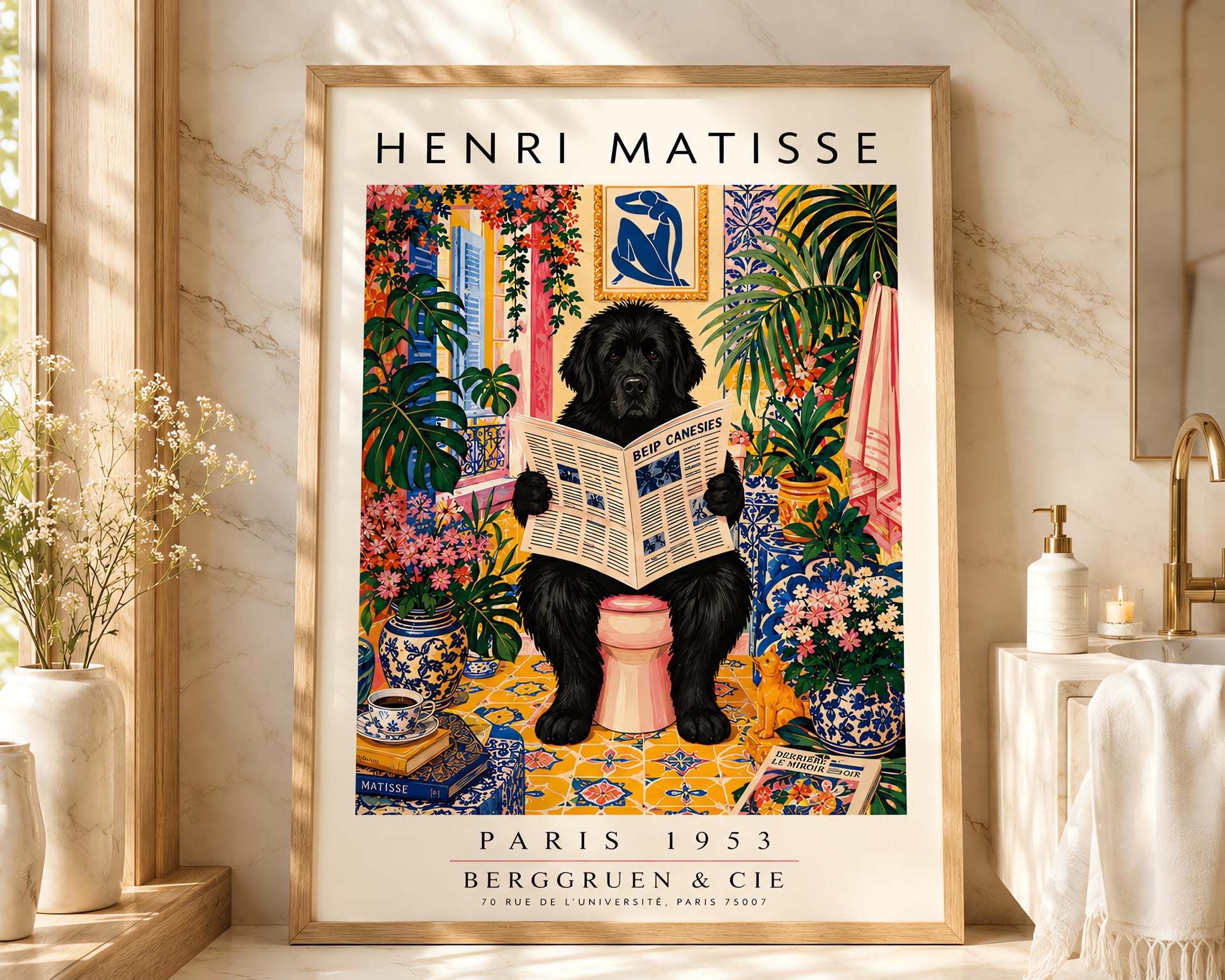 A vertical vintage-style art exhibition poster titled "HENRI MATISSE" at the top and "PARIS 1953 BERGGRUEN & CIE" at the bottom. The main image shows a large, fluffy black Newfoundland dog sitting on a pink toilet in a highly decorated bathroom, reading a newspaper. The room is filled with yellow pattern tiles, blue-and-white wallpaper, a blue Matisse cutout art frame on the wall, multiple large green houseplants, and vases filled with colorful pink flowers.
