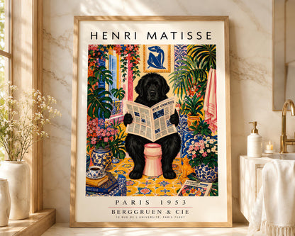 A vertical vintage-style art exhibition poster titled "HENRI MATISSE" at the top and "PARIS 1953 BERGGRUEN & CIE" at the bottom. The main image shows a large, fluffy black Newfoundland dog sitting on a pink toilet in a highly decorated bathroom, reading a newspaper. The room is filled with yellow pattern tiles, blue-and-white wallpaper, a blue Matisse cutout art frame on the wall, multiple large green houseplants, and vases filled with colorful pink flowers.