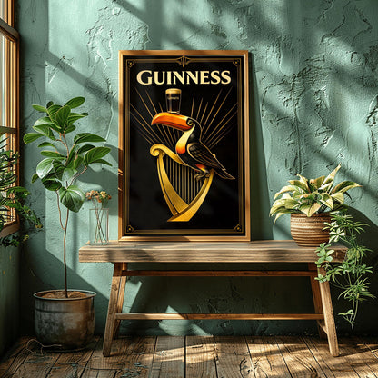 A vertical Art Deco style poster for Guinness. A colorful toucan perches on a large golden harp against a black background. Golden rays of light radiate from behind the toucan, which is balancing a pint of beer on its beak. The word "GUINNESS" is written in large gold letters at the top.