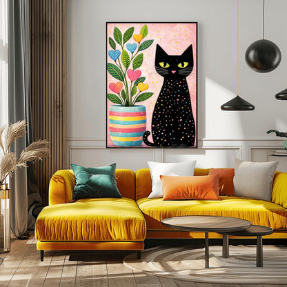 A vertical folk-art style illustration of a black cat sitting next to a colorful potted plant. The black cat is covered in small, multi-colored polka dots and has bright green eyes. The plant to its left is in a striped pink, yellow, and blue pot and features green leaves with heart-shaped "flowers" in pink, blue, and yellow. The background is a textured light pink with yellow paint splatters.